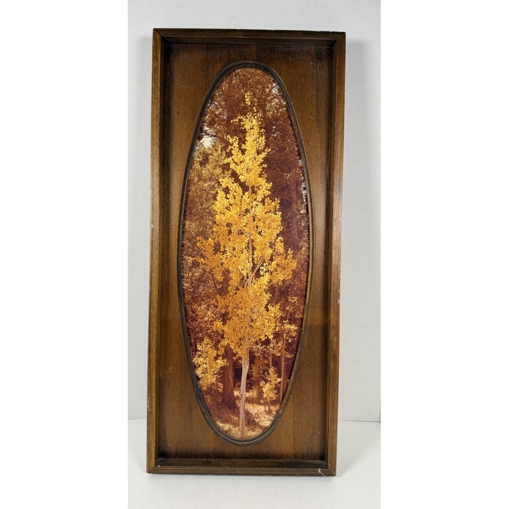 VTG MCM 1970's Wooden Framed Wall Art Autumn Tree Yellow Toned Groovy 22.5"x9.5"